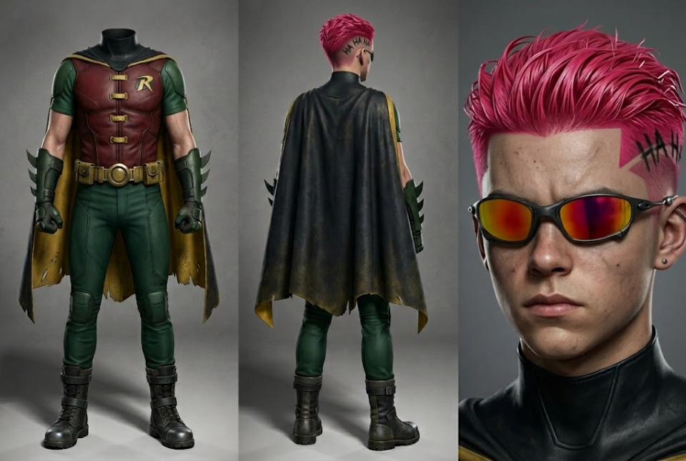 Exemplo do criador: character sheet de Robin do Rodo em três painéis