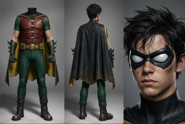 Character sheet realista de Robin com três painéis: frente, costas e rosto